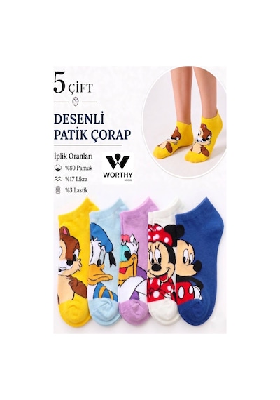 Worthy Socks 5 Çift Kadın Karikatürlü Pamuklu Moda Patik Çorap Çok Renkli