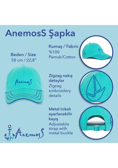 Anemoss Turkuaz Yelken Nakışlı Yazlık Şapka Pamuklu, Hafif Ve Nefes Alabilir Kumaş