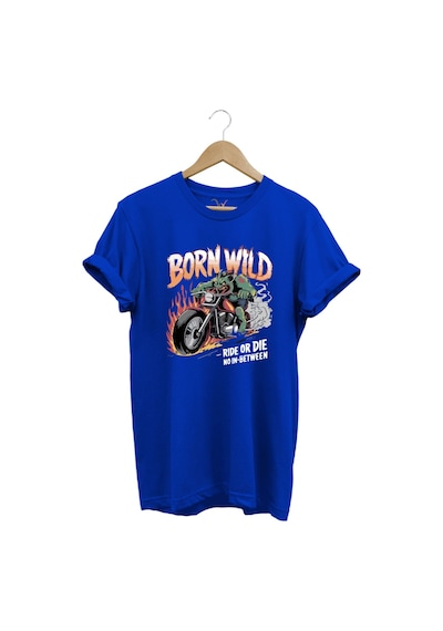 Motorsiklet Born Wild Ride Or Die Baskılı Kuru Kafa %100 Pamuk Regular Fit Bisiklet Yaka T-shirt Mavi