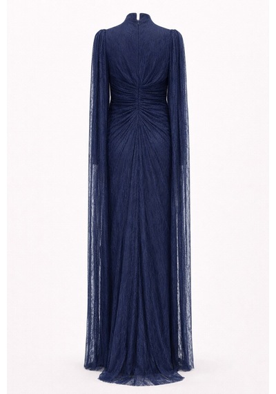 Olcay Taş Ve Pelerin Detaylı Dantel Tesettür Abiye Elbise Lacivert 1255