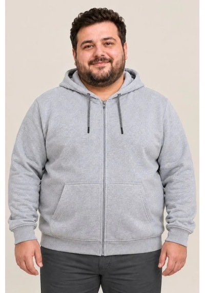 Erkek Battal Büyük Beden Üç İplik İçi Şardonlu Kapüşonlu Tam Fermuarlı Kışlık Sweatshirt - Gri