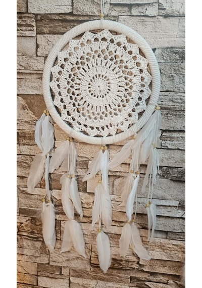 Düş Kapanı Makrome Dreamcatcher Ekru Kuş Tüyü Rüya Kapanı Duvar Süsü Elişi