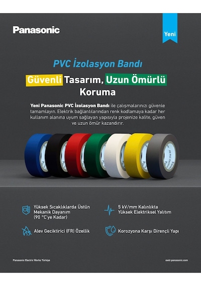 Panasonic Fr Pvc Elektrik İzolasyon Bandı Sarı 20m 1.80cm X 0,125mm - 8 Adet