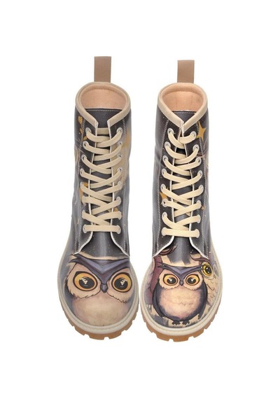 Kadın Vegan Deri Siyah Uzun Bot - Owls Family Tasarım Çok Renkli