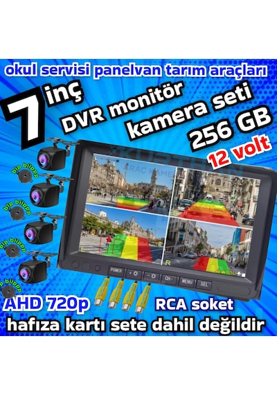 4 Adet Ahd 720p Nesne Tanımalı Sesli İkazlı Kamera 7 İnç Dvr Monitör Set 12 Volt