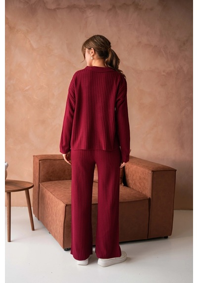 Park Karon Kadın Bordo Polo Yaka Oversize Kazak Pantolon Triko Alt-üst Takım 10955 Bordo