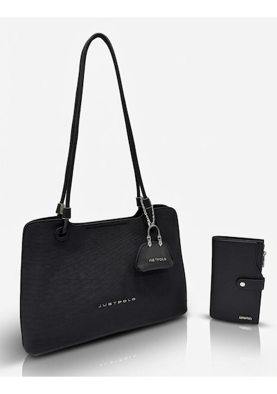 Just Polo Kadın Büyük Boy Premium Gümüş Logolu El Çantası Ve Cüzdanı Kombin Tote Bag Ebat : 22 X 34 Cm Siyah