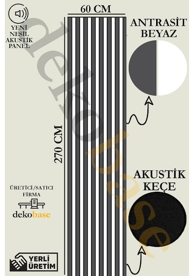 Antrasit-beyaz 60x270 Cm Yeni Nesil Akustik Ahşap Duvar Paneli