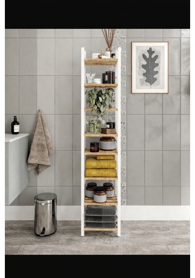 Mini Beyaz Masif Ahşap Dekoratif Banyo Rafı Havluluk Peçetelik 8 Katlı Beyaz