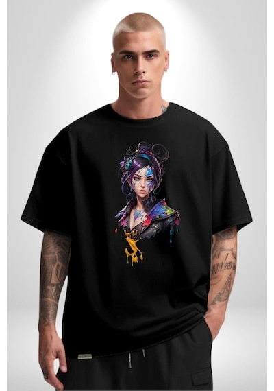 Süper Robot Kız Sulu Boya Pamuklu Bisiklet Yaka Unisex Oversize Boyfriend Dijital Baskılı Siyah T-shirt Siyah