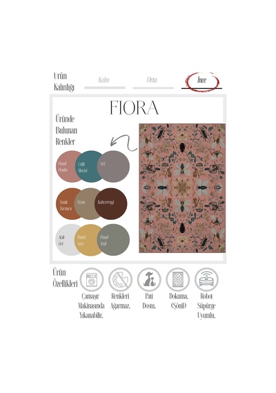 Fiora 228 Pembe Kelebek Desenli Yıkanabilir Çiçekli Halı Dokuma Taban Salon Oturma Odası Halısı Pastel Pembe