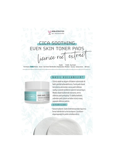 Skin401 Cica Yatıştırıcı Aydınlatıcı Tonik Pad 100 Adet Toner Pad