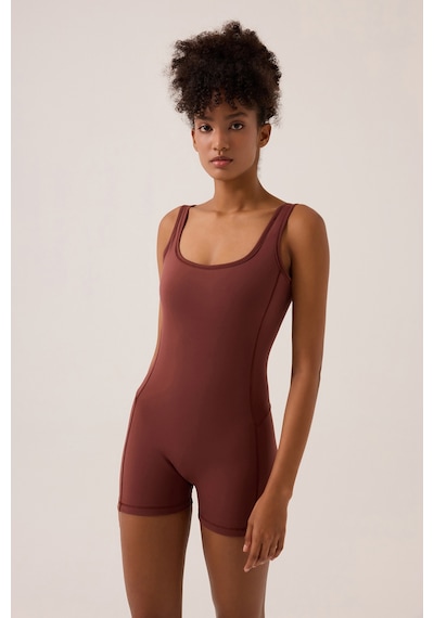 Los Ojos X Ece Bordo Kare Yaka Askılı Kısa Spor Tulum Unitard Bordo Bordo
