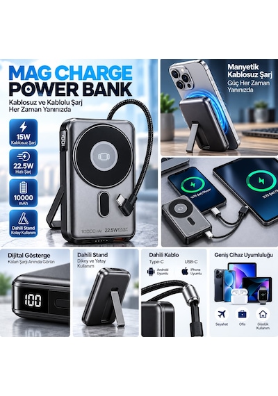 İphone 11 Uyumlu 10000 Mah Manyetik Kablosuz Powerbank 22.5w Hızlı Şarj, Standlı Ve Dijital Göstergeli Siyah
