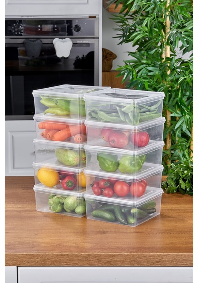 10'lu Buzdolabı Organizer Kendinden Kapaklı Mikrodalga Ve Difrize Uygun 2500 Ml Kare Saklama Kabı Şeffaf