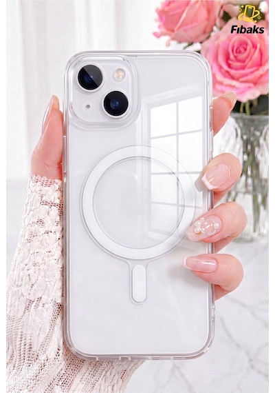 Fibaks iPhone 14 Plus/15 Plus Uyumlu Kılıf Magsafe Wireless Kablosuz Şarj Destekli Sert Şeffaf Darbe Emici