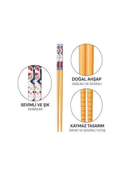 Valkyrie 5 Çift Japon Tarzı Ahşap Yemek Çubuğu Seti Kaymaz Uçlu Kedi Desenli Kutulu Chopstik Seti