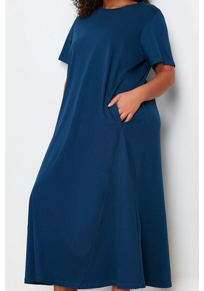 Ersefa Moda Stil Relaxed Bisiklet Yaka Midi Boy Büyük Beden %100 Pamuk Ö Lacivert
