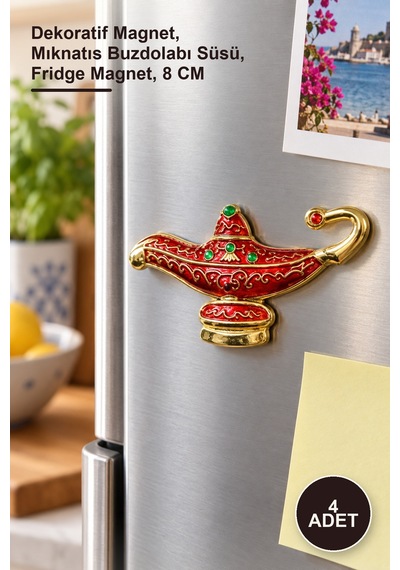 4 Adet Alaatın Sihirli Lambası Magnet Dekoratif Magnet, Mıknatıs Buzdolabı Süsü, Fridge Magnet, 8 Cm