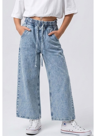 Breeze Kız Çocuk Jean Pantolon Bağcıklı Bel Kısmı Lastikli 7-12 Yaş, Açık Mavi