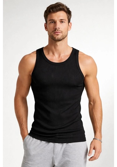 Assema Erkek Fitilli Atlet Sıfır Yaka Slim Fit Arka Baskılı Spor Atlet - Siyah Çok Renkli