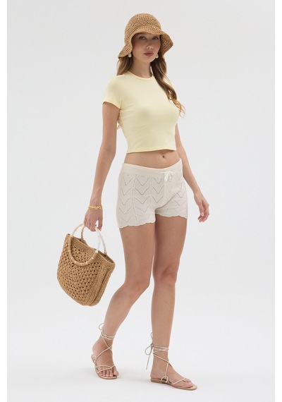 Urbantrendstore Kadın Bisiklet Yaka Likralı Kısa Kol Body Crop Bluz Günlük Şık Sade Yazlık Casual Crop Kadın Crop Sarı