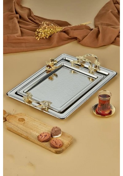 Cooker Dikdörtgen Gold Kulplu Silver Metal Tepsi Seti 2'li