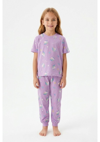 Zuzunga Unicorn Desenli Kısa Kollu Pamuk Kız Çocuğu Pijama Takımı Lila