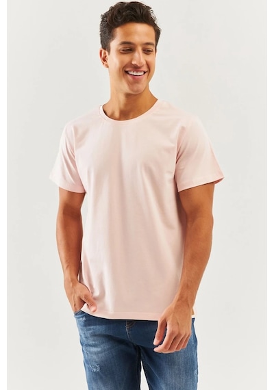 Erkek Oversize Rahat %100 Pamuklu Penye Bisiklet Yaka Kısa Kol Basic T-shirt Pudra
