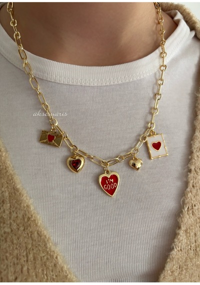 5'li Kırmızı Temalı Charm Love Kolye Altın Altın