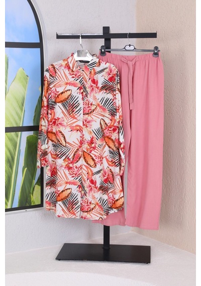 Polologin Butik Yaprak Desenli Çok Renkli Yazlık Viskon Tunik Pembe