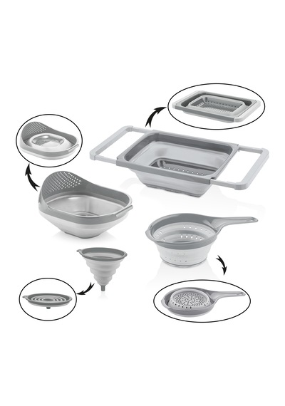 4 Parça Katlanabilir Akordeon Süzgeç Seti - Mutfak Seti Gri