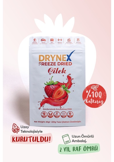 Drynex Freeze Dried Çilek Dondurularak Kurutulmuş Çıtır Atıştırmalık Meyve Cipsi Şekersiz Katkısız Vegan 20 G