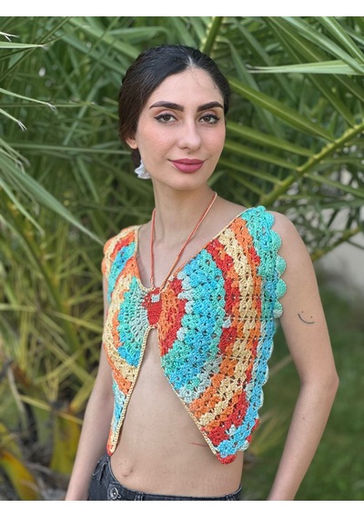 Gönülden Tasarım El Örgüsü Kelebek Crop Büstiyer Standart Beden Turuncu
