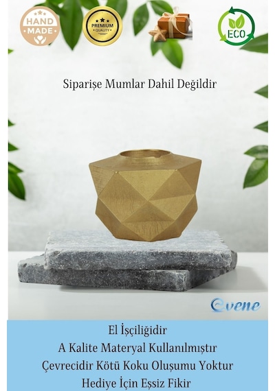 Mumluk Şamdan 3 Adet Tealight Ve İnce Mum Uyumlu Prizma Model - Altın