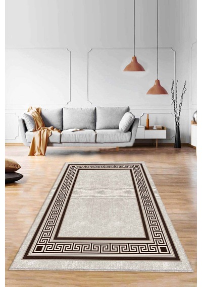 Bej Çerçeveli Kaymaz Tabanlı Makinede Yıkanabilir Halı Rv032
