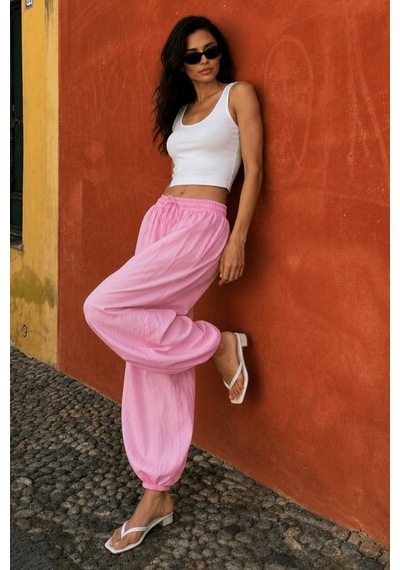 Dokuma Pembe Beli Bağcıklı Paçası Lastikli Balon Pantolon Sh390 S