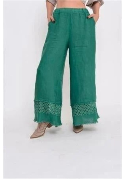 Bohem Stil İtalyan Fisto Detaylı Keten Pantolon-8748 Gucci Yeşil