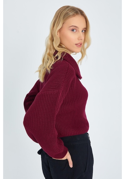 Mixray 6752 Kadın Crop Fermuarlı Kazak Bordo