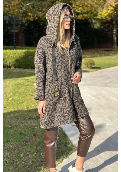 Woman And Kids Kapşonlu Leopar Desenli Uzun Kaşe Ceket Kahverengi