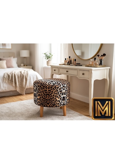 Medet Home Leopar Desenli Puf 40x40x40 Cm Dekoratif Ahşap Ayaklı Oturma Pufu Çok Renkli