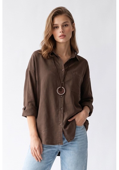Mixray 4963 Kadın Tencel Kumaş Oversize Cepli Uzun Kollu Gömlek Kahve
