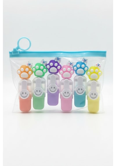 Sevimli Kedi Başlıklı Mini Fosforlu Keçeli Kalem-6lı Set-fosfor06