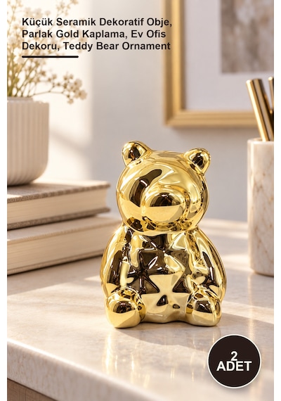 2 Adet Ayıcık Tasarımlı Biblo Küçük Seramik Dekoratif Obje, Parlak Gold Kaplama, Ev Ofis Dekoru, Teddy Bear Ornament 1