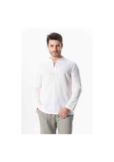 Uzun Kol Doruk V Yaka Bağcıklı Müslin Erkek Yazlık Tshirt Beyaz Byz Beyaz