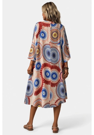 Ersefa Kadın Kısa Kollu Önü Açık Belden Kuşaklı Uzun Kimono Mandala Dese Çok Renkli