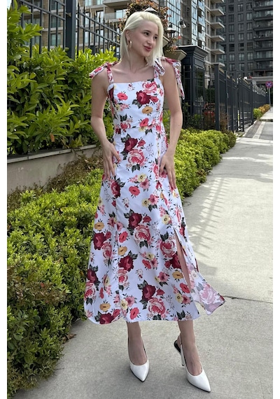 Madmext Pembe Çiçekli Bağlanabilir Askı Midi Boy Kadın Elbise Mg2465 Pembe