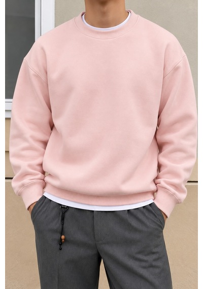 Tarz Cool Erkek 3 İplik Şardonlu Regular Fit Bisiklet Yaka Basic Sweatshirt Pembe