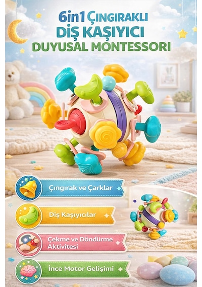 Bebek Oyuncağı Çıngıraklı Diş Kaşıyıcı Duyusal Montessori Oyuncak 6 İn 1 Bebek Oyuncağı