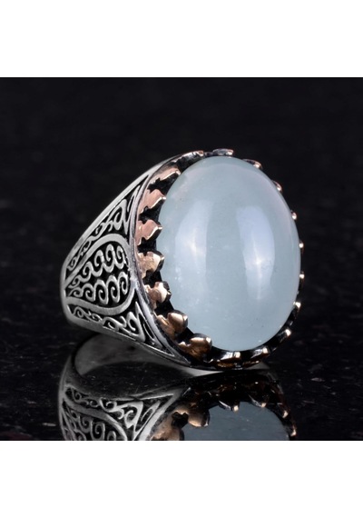 925 Ayar Katı Gümüş Erkek Yüzük - Doğal Taşlarla El Yapımı Şıklık Cabochon Akuamarin Taşı Gümüş